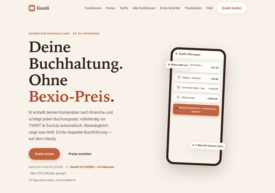Website von Kontli, Buchhaltungssoftware für Schweizer Kleinbetriebe