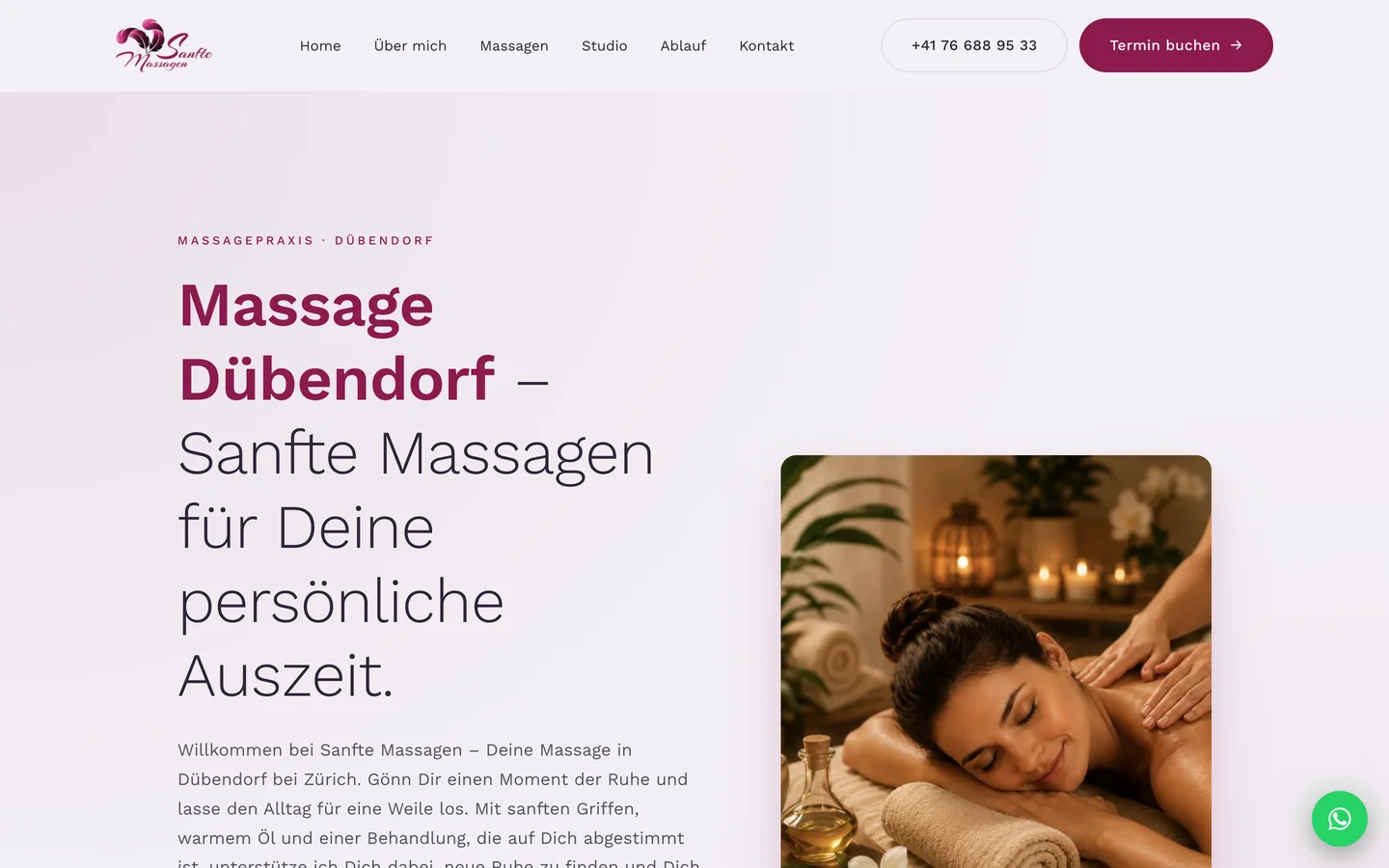 Von Helio Studio gestaltete Website für Sanfte Massagen, Massagepraxis in Dübendorf — Desktop-Ansicht
